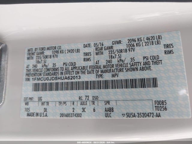 2017 Ford Escape Titanium მანქანა იყიდება აუქციონზე, vin: 1FMCU0JD5HUA62013, აუქციონის ნომერი: 46009638