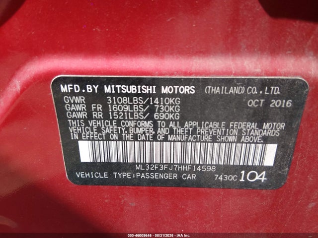 Auction sale of the 2017 Mitsubishi Mirage G4 Es, vin: ML32F3FJ7HHF14598, lot number: 46009646