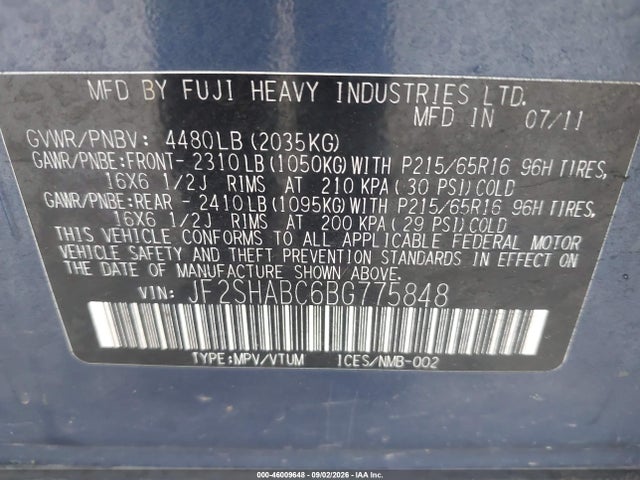 2011 Subaru Forester 2.5x მანქანა იყიდება აუქციონზე, vin: JF2SHABC6BG775848, აუქციონის ნომერი: 46009648