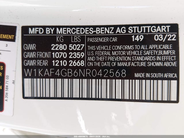 46009678 :رقم المزاد ، W1KAF4GB6NR042568 vin ، 2022 Mercedes-benz C 300 Sedan مزاد بيع