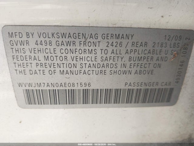 Aukcja sprzedaży 2010 Volkswagen Passat Komfort, vin: WVWJM7AN0AE081596, numer aukcji: 46009688