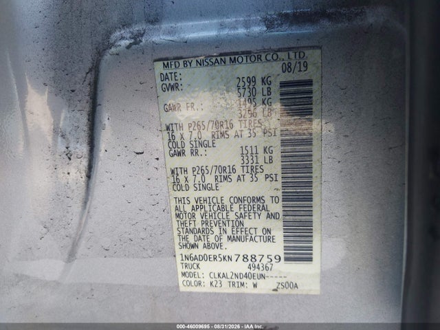 Aukcja sprzedaży 2019 Nissan Frontier Sv, vin: 1N6AD0ER5KN788759, numer aukcji: 46009695