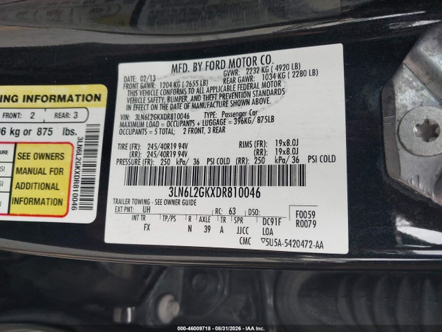 Продаж на аукціоні авто 2013 Lincoln Mkz, vin: 3LN6L2GKXDR810046, номер лоту: 46009718
