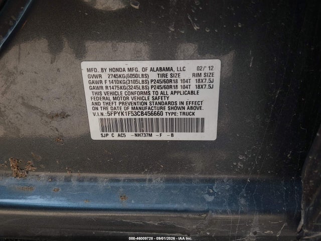 2012 Honda Ridgeline Rtl მანქანა იყიდება აუქციონზე, vin: 5FPYK1F53CB456660, აუქციონის ნომერი: 46009728