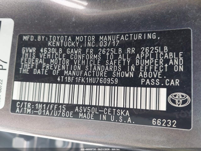 46009735 :رقم المزاد ، 4T1BF1FK1HU760959 vin ، 2017 Toyota Camry Se مزاد بيع