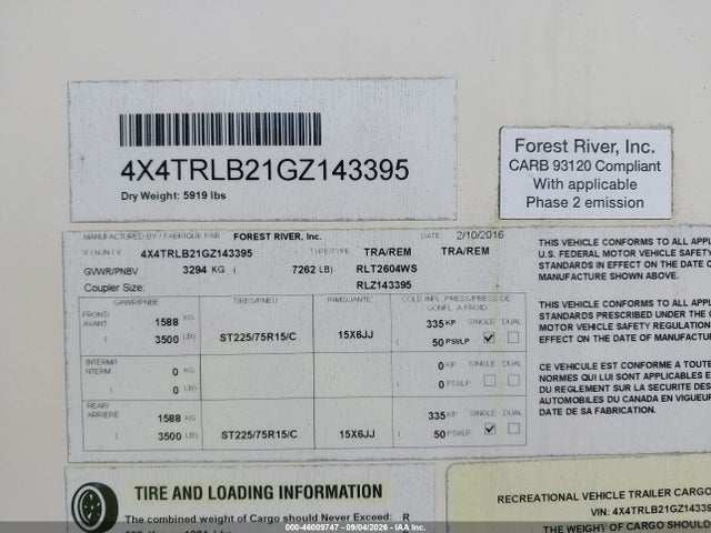 Продажа на аукционе авто 2016 Rockwood Other, vin: 4X4TRLB21GZ143395, номер лота: 46009747