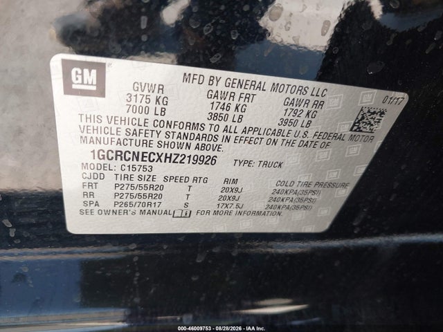 2017 Chevrolet Silverado 1500 Work Truck მანქანა იყიდება აუქციონზე, vin: 1GCRCNECXHZ219926, აუქციონის ნომერი: 46009753
