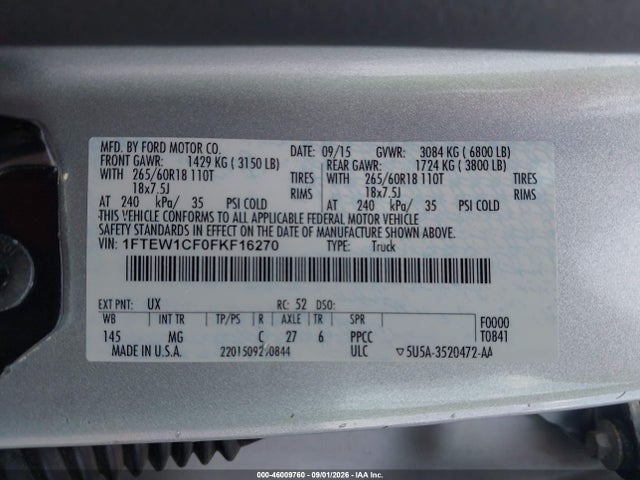 Auction sale of the 2015 Ford F-150 Xlt, vin: 1FTEW1CF0FKF16270, lot number: 46009760