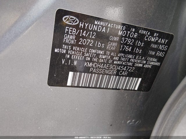 Продаж на аукціоні авто 2012 Hyundai Elantra Gls (ulsan Plant), vin: KMHDH4AE9CU454722, номер лоту: 46009771