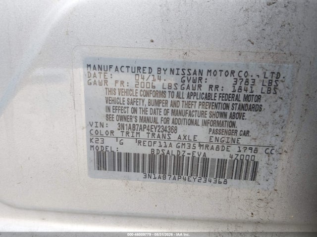 Продажа на аукционе авто 2014 Nissan Sentra Sv, vin: 3N1AB7AP4EY234368, номер лота: 46009779