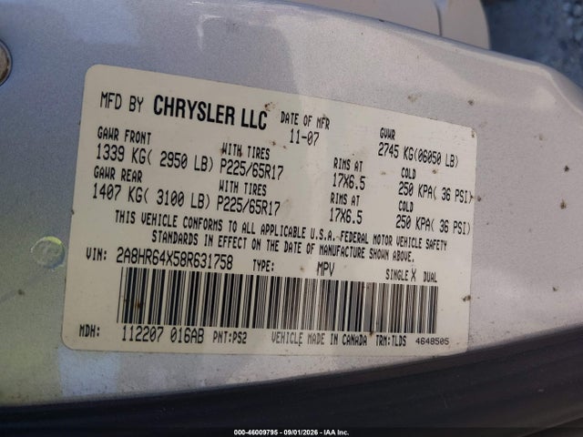 Aukcja sprzedaży 2008 Chrysler Town & Country Limited, vin: 2A8HR64X58R631758, numer aukcji: 46009795