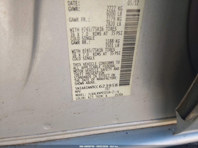 Продажа на аукционе авто 2012 Nissan Pathfinder S, vin: 5N1AR1NN9CC623958, номер лота: 46009799