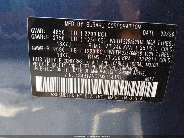 46009812 :رقم المزاد ، 4S4BTANC2M3114154 vin ، 2021 Subaru Outback Limited مزاد بيع