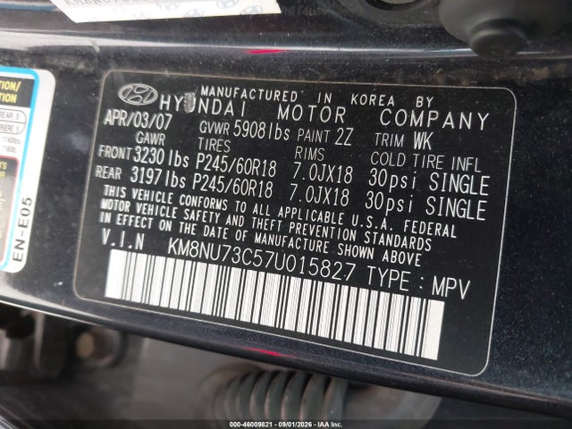 Продаж на аукціоні авто 2007 Hyundai Veracruz Gls/limited/se, vin: KM8NU73C57U015827, номер лоту: 46009821