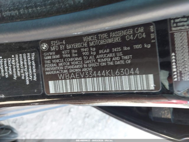46009822 :رقم المزاد ، WBAEV33444KL63044 vin ، 2004 Bmw 325i مزاد بيع