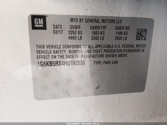 2017 Cadillac Ct6 Standard მანქანა იყიდება აუქციონზე, vin: 1G6KB5RS4HU192535, აუქციონის ნომერი: 46009825