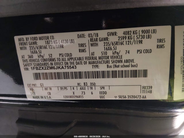 Ford Transit-350 Xl 2018 1FBZX2ZM6JKA75543 Image 9