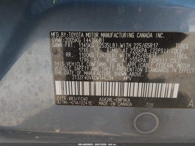 2012 Toyota Rav4 მანქანა იყიდება აუქციონზე, vin: 2T3ZF4DVXCW146294, აუქციონის ნომერი: 46009853