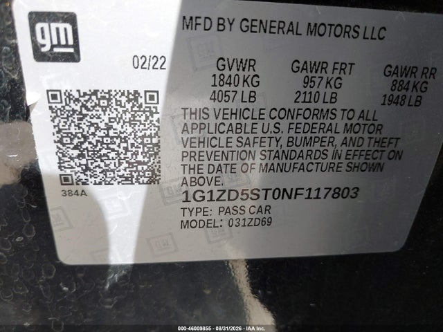 Aukcja sprzedaży 2022 Chevrolet Malibu Fwd Lt, vin: 1G1ZD5ST0NF117803, numer aukcji: 46009855