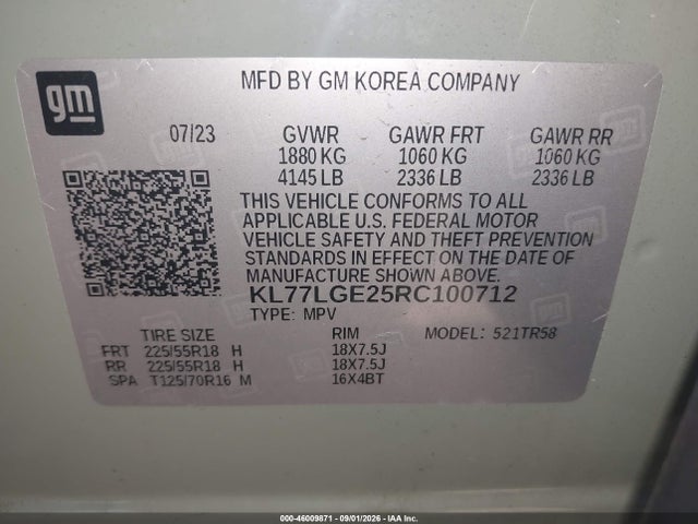 Aukcja sprzedaży 2024 Chevrolet Trax Fwd 1rs, vin: KL77LGE25RC100712, numer aukcji: 46009871