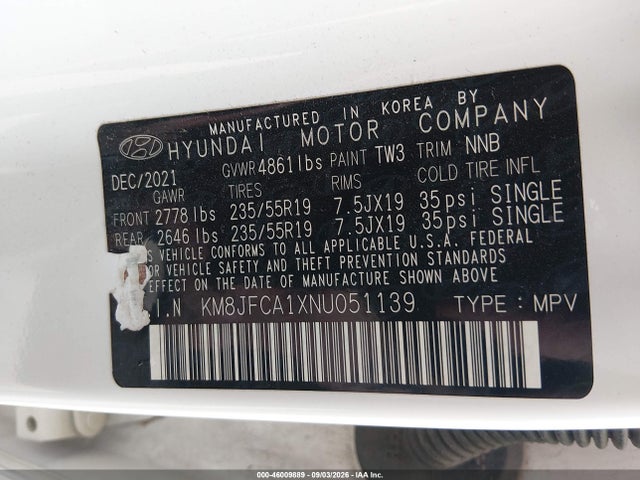 Aukcja sprzedaży 2022 Hyundai Tucson Hybrid Sel Convenience, vin: KM8JFCA1XNU051139, numer aukcji: 46009889