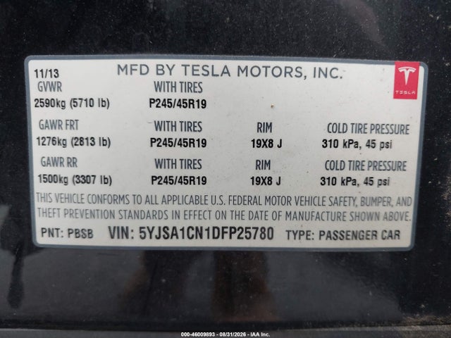 46009893 :رقم المزاد ، 5YJSA1CN1DFP25780 vin ، 2013 Tesla Model S مزاد بيع