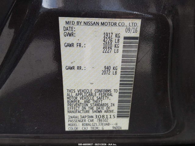 Aukcja sprzedaży 2017 Nissan Altima 2.5 S, vin: 1N4AL3AP3HN308115, numer aukcji: 46009927