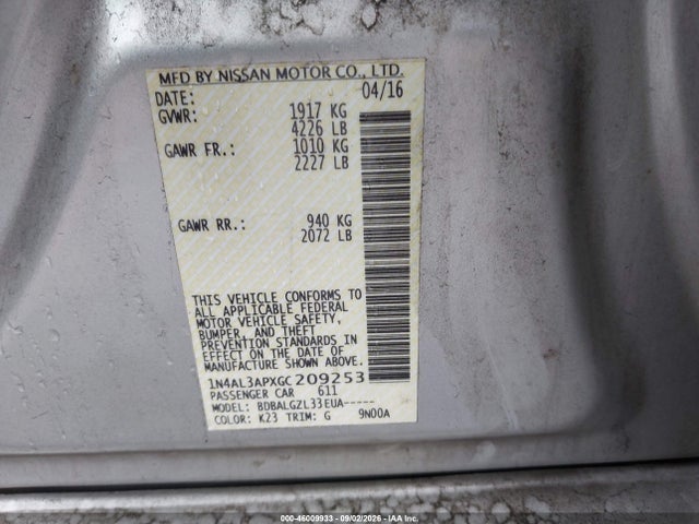 1N4AL3APXGC209253 Nissan Altima 2.5/2.5 S/2.5 Sl/2.5 Sr/2.5 Sv