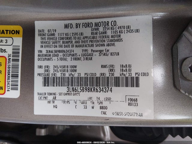 Aukcja sprzedaży 2019 Lincoln Mkz Standard, vin: 3LN6L5B98KR634374, numer aukcji: 46009938