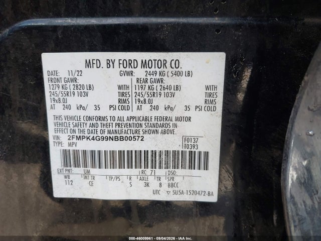 Продаж на аукціоні авто 2022 Ford Edge Se, vin: 2FMPK4G99NBB00572, номер лоту: 46009961