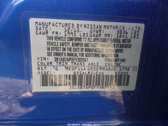 46009970 :رقم المزاد ، 3N1AB7AP0FY382941 vin ، 2015 Nissan Sentra Sr مزاد بيع