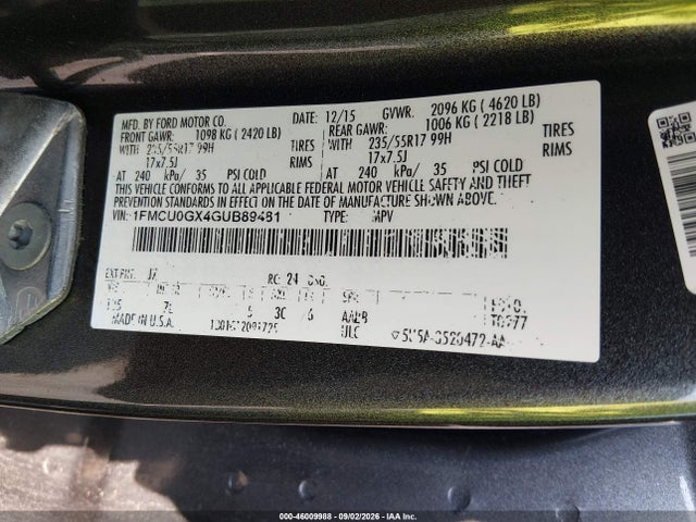 2016 Ford Escape Se მანქანა იყიდება აუქციონზე, vin: 1FMCU0GX4GUB89481, აუქციონის ნომერი: 46009988