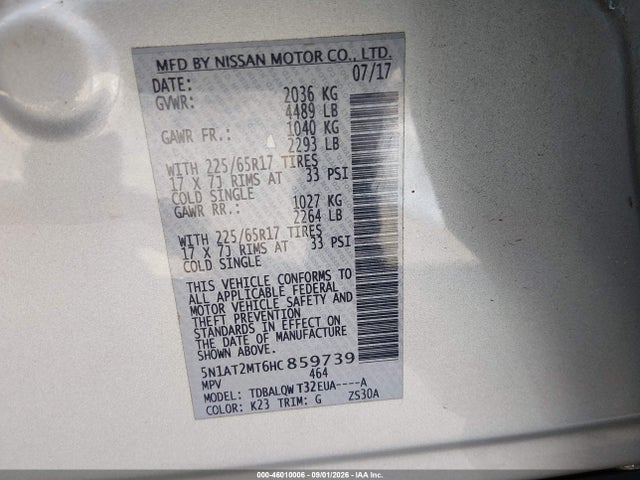 46010006 :رقم المزاد ، 5N1AT2MT6HC859739 vin ، 2017 Nissan Rogue Sv مزاد بيع