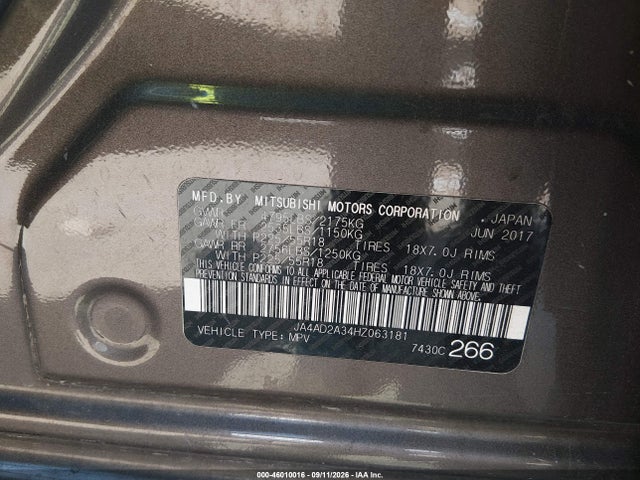 Aukcja sprzedaży 2017 Mitsubishi Outlander Es, vin: JA4AD2A34HZ063181, numer aukcji: 46010016