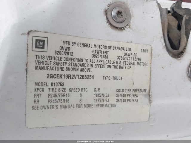 46010023 :رقم المزاد ، 2GCEK19R2V1263254 vin ، 1997 Chevrolet K1500 Fleetside مزاد بيع