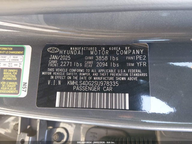 2025 Hyundai Elantra Sel Convenience მანქანა იყიდება აუქციონზე, vin: KMHLS4DG2SU978335, აუქციონის ნომერი: 46010034