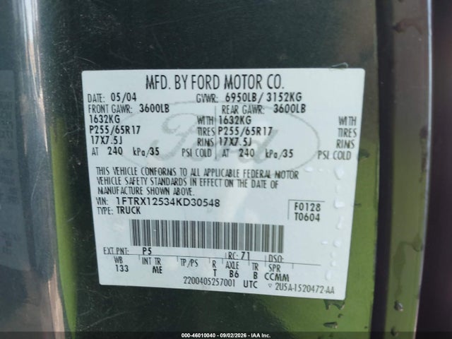 Продаж на аукціоні авто 2004 Ford F-150 Lariat/xlt, vin: 1FTRX12534KD30548, номер лоту: 46010040