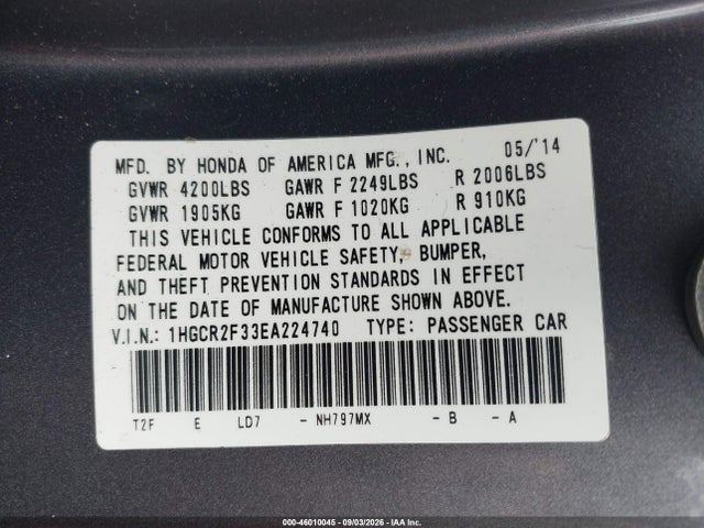 Продаж на аукціоні авто 2014 Honda Accord Lx, vin: 1HGCR2F33EA224740, номер лоту: 46010045