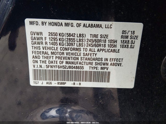 Продажа на аукционе авто 2018 Honda Pilot Ex-l, vin: 5FNYF6H52JB048655, номер лота: 46010053