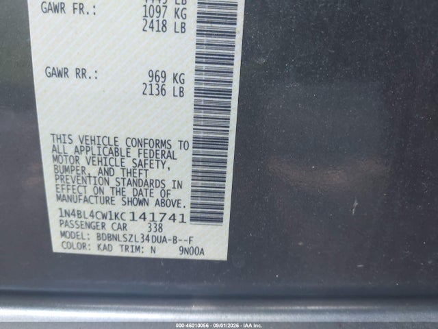 Auction sale of the 2019 Nissan Altima 2.5 Sr, vin: 1N4BL4CW1KC141741, lot number: 46010056