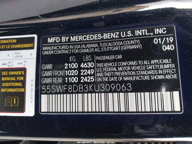 Aukcja sprzedaży 2019 Mercedes-benz C 300, vin: 55SWF8DB3KU309063, numer aukcji: 46010075
