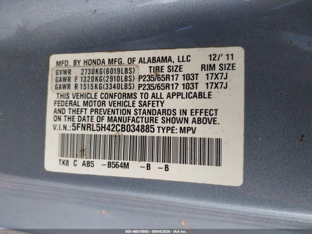 46010080 :رقم المزاد ، 5FNRL5H42CB034885 vin ، 2012 Honda Odyssey Ex مزاد بيع