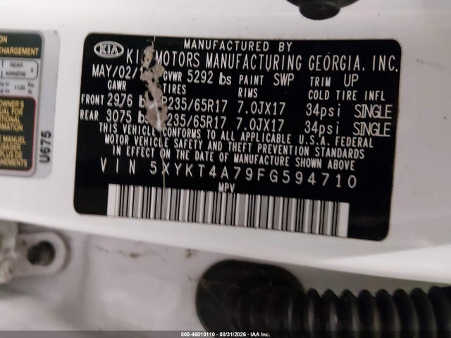 Продажа на аукционе авто 2015 Kia Sorento Lx V6, vin: 5XYKT4A79FG594710, номер лота: 46010110