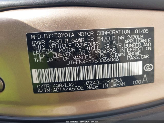 46010130 :رقم المزاد ، JTHFN48Y750066046 vin ، 2005 Lexus Sc 430 مزاد بيع