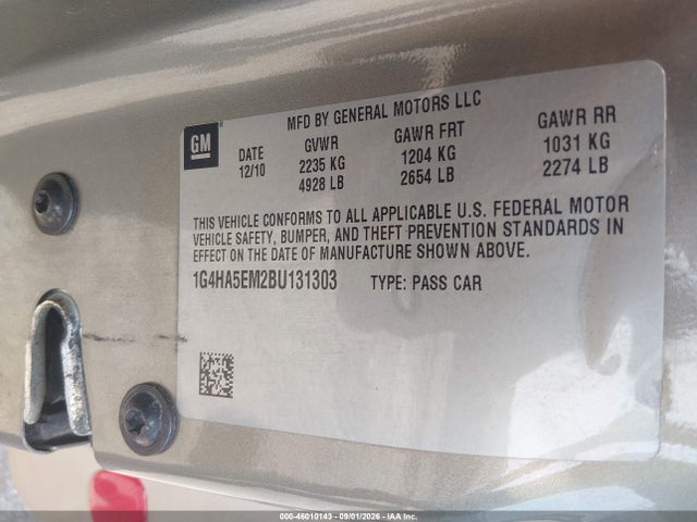 2011 Buick Lucerne Cx მანქანა იყიდება აუქციონზე, vin: 1G4HA5EM2BU131303, აუქციონის ნომერი: 46010143