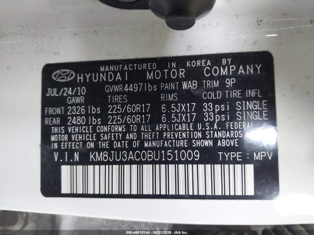 2011 Hyundai Tucson Gls მანქანა იყიდება აუქციონზე, vin: KM8JU3AC0BU151009, აუქციონის ნომერი: 46010144