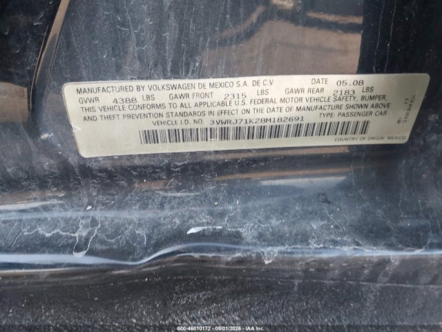 Продаж на аукціоні авто 2008 Volkswagen Jetta Wolfsburg Edition, vin: 3VWRJ71K28M182691, номер лоту: 46010172