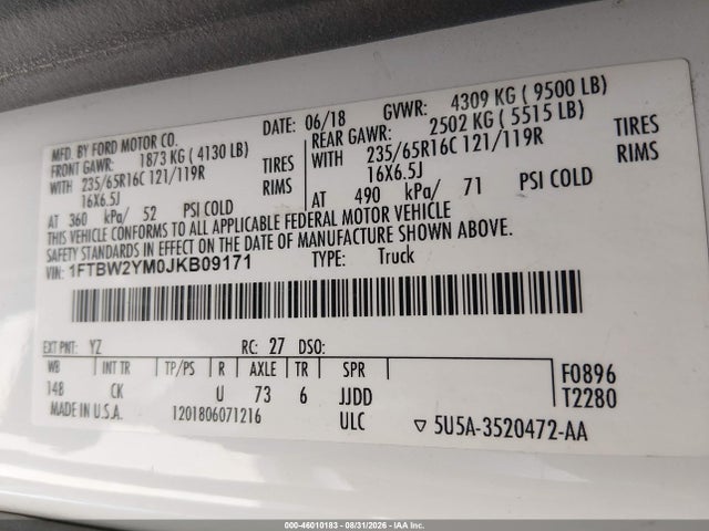 46010183 :رقم المزاد ، 1FTBW2YM0JKB09171 vin ، 2018 Ford Transit-350 مزاد بيع
