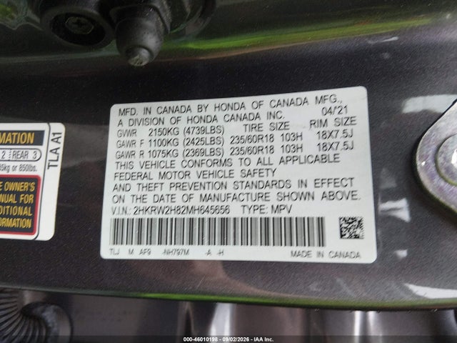 46010198 :رقم المزاد ، 2HKRW2H82MH645656 vin ، 2021 Honda Cr-v Awd Ex-l مزاد بيع