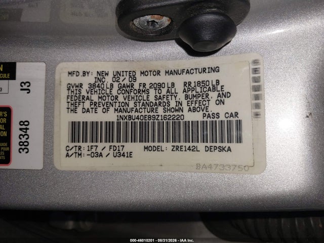 46010201 :رقم المزاد ، 1NXBU40E89Z162220 vin ، 2009 Toyota Corolla S مزاد بيع